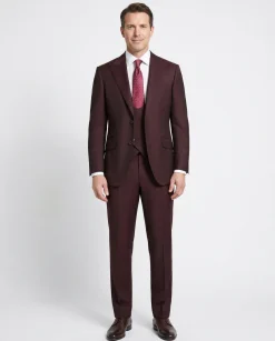 Beragamo Elegant Mens Burgundy 100% Wool Classic Fit Vested Suit with Peak Lapel