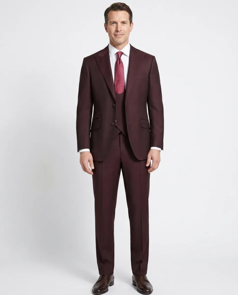 Beragamo Elegant Mens Burgundy 100% Wool Classic Fit Vested Suit with Peak Lapel