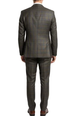 Beragamo Elegant Mens Green With Blue Plaid Modern Fit Peak Lapel Wool 2 Button Suit