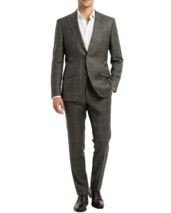 Beragamo Elegant Mens Green With Blue Plaid Slim Fit Peak Lapel Wool 2 Button Suit