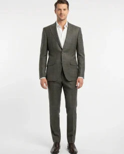 Beragamo Elegant Mens Green With Blue Plaid Slim Fit Peak Lapel Wool 2 Button Suit