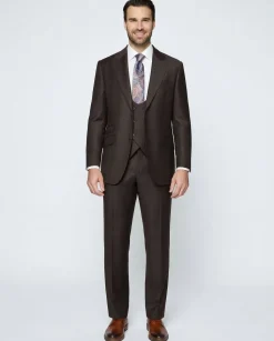 Beragamo Elegant Men's Solid Brown 100% Wool Classic Fit Vested Suit