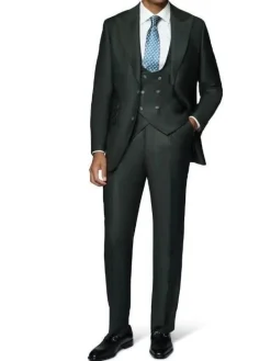 Beragamo Elegant Men's Solid Olive 100% Wool Classic Fit Vested Suit