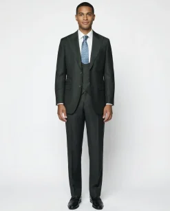 Beragamo Elegant Men's Solid Olive 100% Wool Classic Fit Vested Suit