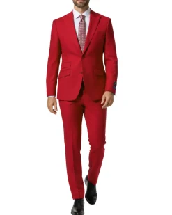 Beragamo Elegant Mens Solid Red Modern Fit Peak Lapel Wool 2 Button Suit