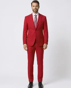 Beragamo Elegant Mens Solid Red Modern Fit Peak Lapel Wool 2 Button Suit