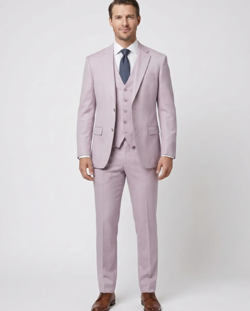 Beragamo Lavander Purple Herringbone Slim Fit Notch Lapel Stretch 3-Piece Suit
