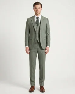 Beragamo Sage Green Herringbone Slim Fit Notch Lapel Stretch 3-Piece Suit