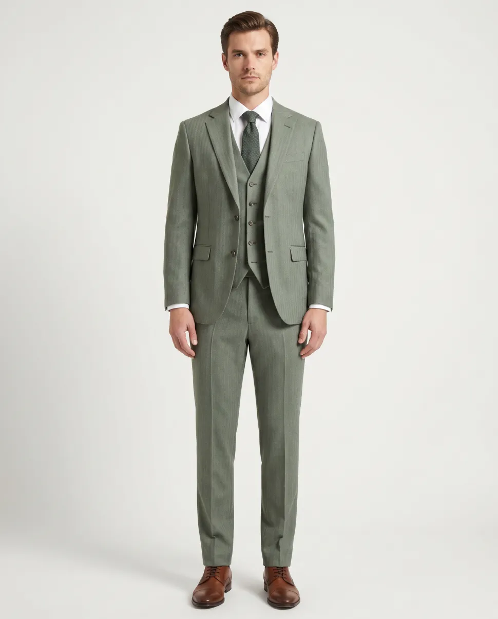 Beragamo Sage Green Herringbone Slim Fit Notch Lapel Stretch 3-Piece Suit
