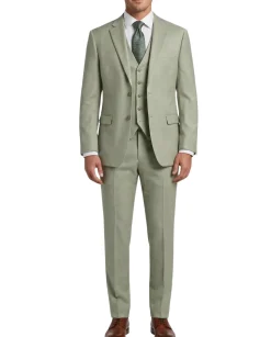 Beragamo Sage Green Herringbone Slim Fit Notch Lapel Stretch 3-Piece Suit