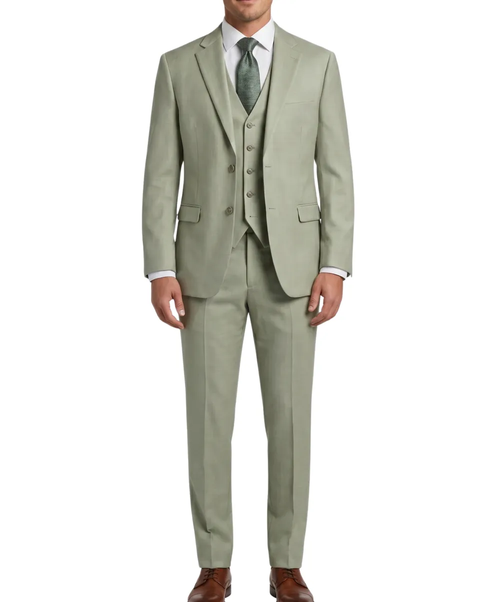 Beragamo Sage Green Herringbone Slim Fit Notch Lapel Stretch 3-Piece Suit