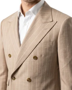 Bergamo Beige Pinstripe Modern Fit Peak Lapel Double-Breasted Wool Suit