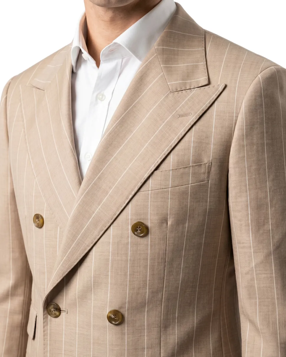 Bergamo Beige Pinstripe Modern Fit Peak Lapel Double-Breasted Wool Suit