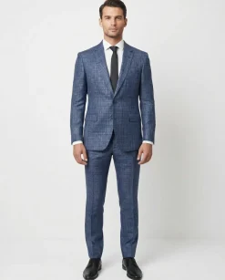 Berragamo Elegant Mens Blue With Brown Check Modern Fit Wool 2-Button Suit
