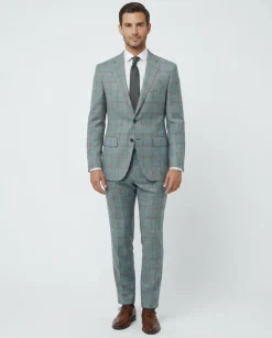 Berragamo Elegant Mens Light Blue with Tan Windowpane Slim Fit 2 Button Wool Suit