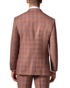 Berragamo Elegant Mens Orange with Blue Windowpane Modern Fit 2 Button Wool Suit