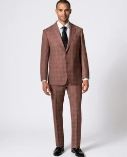 Berragamo Elegant Mens Orange with Blue Windowpane Modern Fit 2 Button Wool Suit