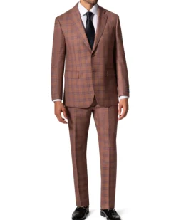 Berragamo Elegant Mens Orange with Blue Windowpane Modern Fit 2 Button Wool Suit