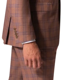 Berragamo Elegant Mens Orange with Blue Windowpane Modern Fit 2 Button Wool Suit