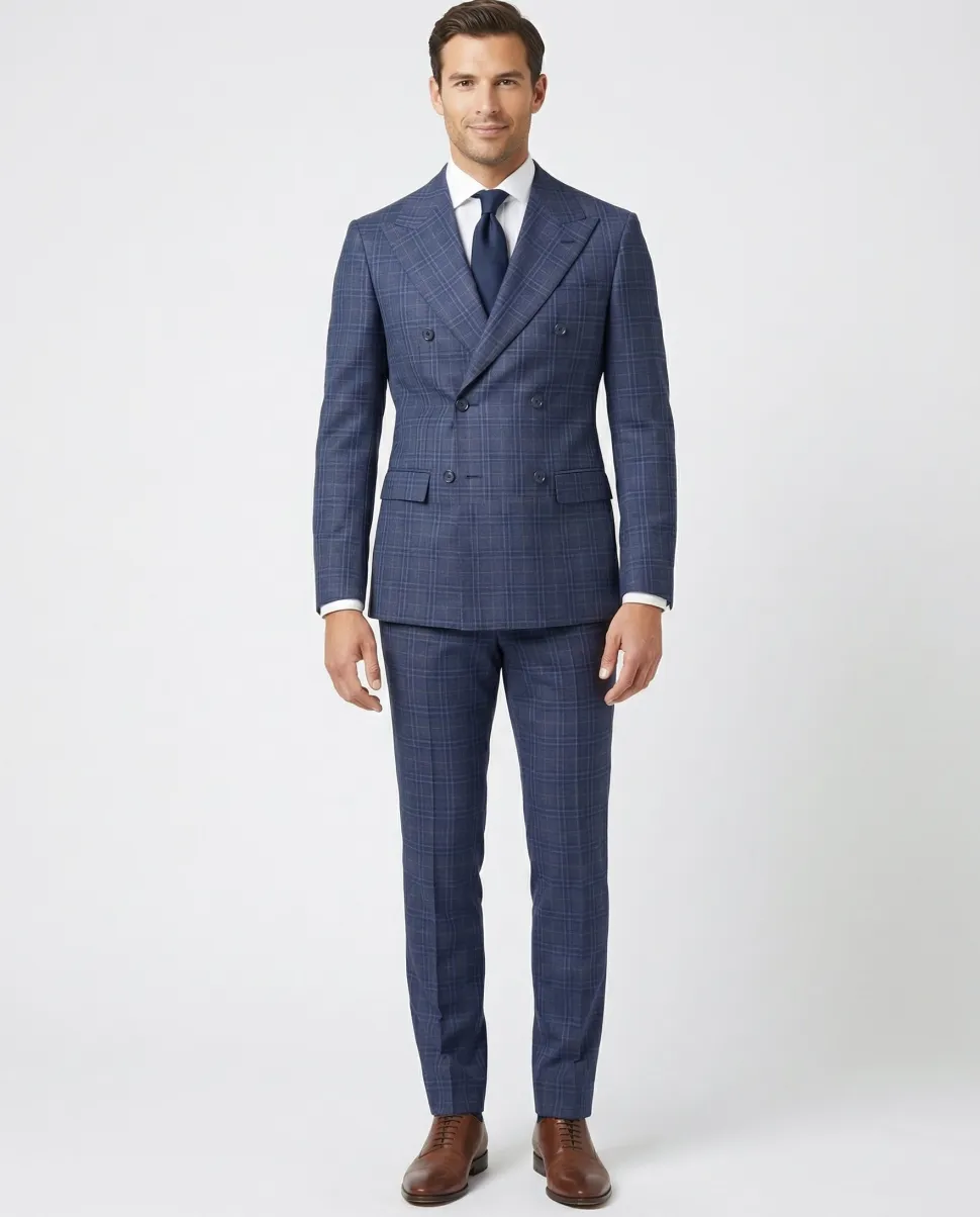Berragamo Elegant Navy with Black Windowpane Slim Fit Double Breasted Wool Suit