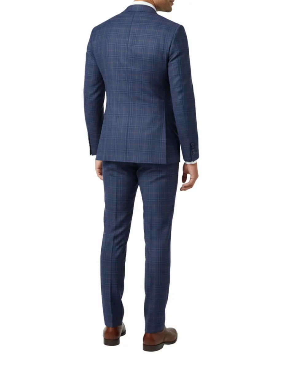 Berragamo Elegant Navy with Black Windowpane Slim Fit Double Breasted Wool Suit
