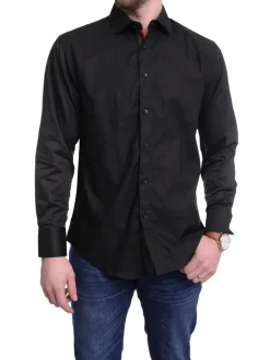 Bespoke Trim Fit Solid Black Spread Collar Cotton Casual Dress Shirt