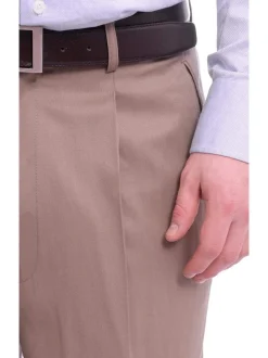 Black Diamond by Apollo King Classic Fit Solid Beige Tan Pleated Wool Wide Leg Dress Pants
