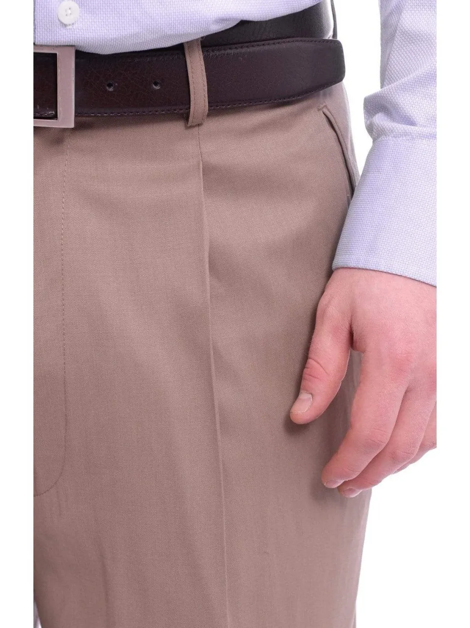 Black Diamond by Apollo King Classic Fit Solid Beige Tan Pleated Wool Wide Leg Dress Pants