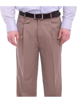 Black Diamond by Apollo King Classic Fit Solid Beige Tan Pleated Wool Wide Leg Dress Pants