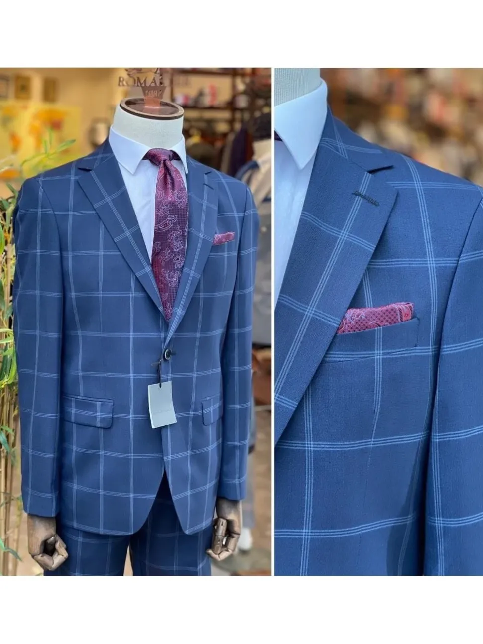 Blue Check Slim Fit 100% VBC Wool Prehemmed Suit