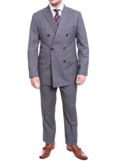 Blujacket Classic Fit Blue Plaid Double Breasted Half Canvassed Reda Wool Suit