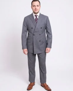 Blujacket Classic Fit Blue Plaid Double Breasted Half Canvassed Reda Wool Suit
