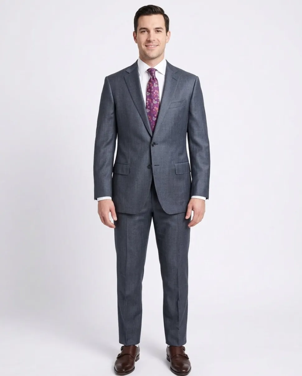 Blujacket Classic Fit Blue Textured Two Button Half Canvassed Wool 2-Button Suit