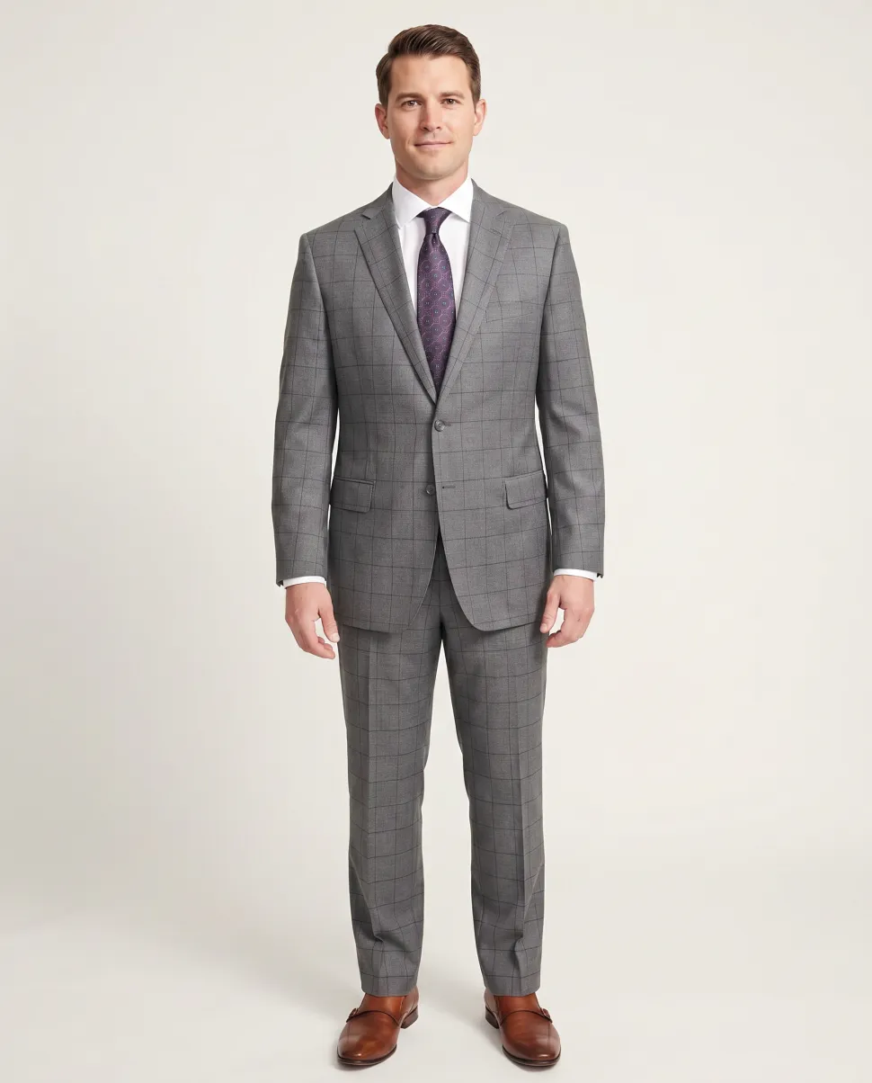 Blujacket Classic Fit Gray Plaid Windowpane Half Canvassed Guabello Wool Suit