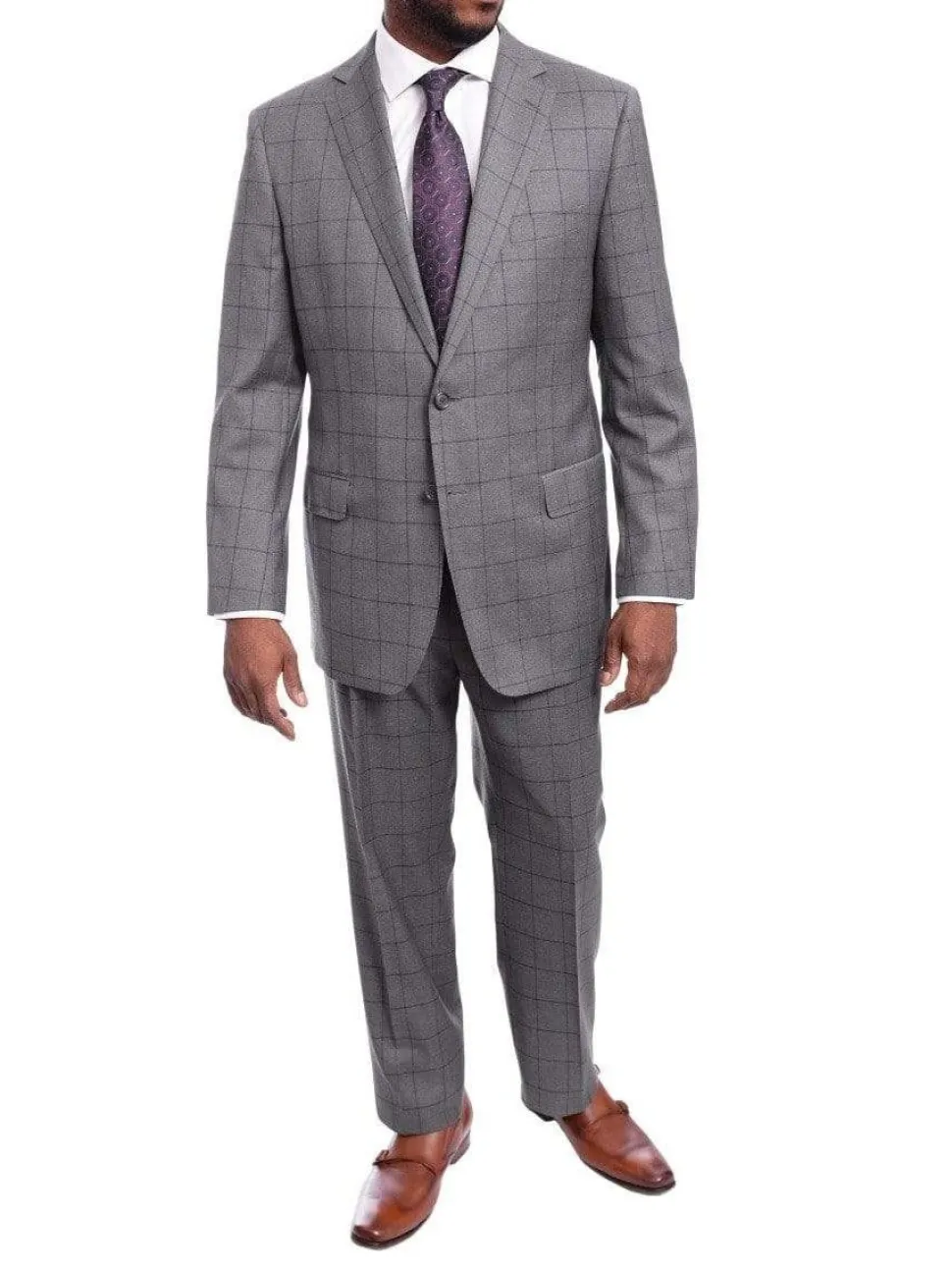 Blujacket Classic Fit Gray Plaid Windowpane Half Canvassed Guabello Wool Suit