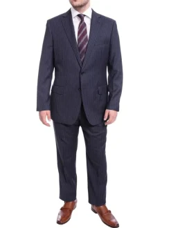 Blujacket Classic Fit Navy Blue Chalkstripe Two Button Half Canvassed Wool Suit