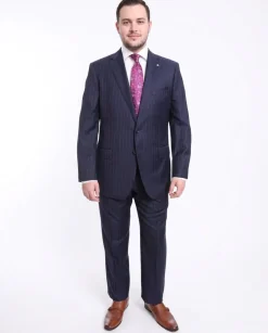 Blujacket Classic Fit Navy Blue Pinstriped Two Button Half Canvassed Wool Suit