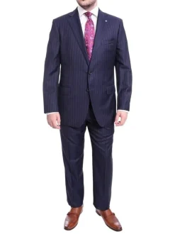 Blujacket Classic Fit Navy Blue Pinstriped Two Button Half Canvassed Wool Suit