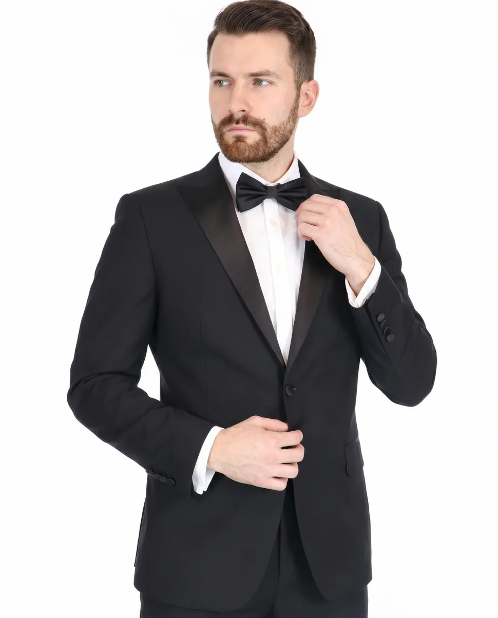 Blujacket Mens Black Peak Lapel Zignone Wool Slim Fit Tuxedo