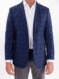 Blujacket Mens Blue & Black Plaid Reda Wool Regular Fit Blazer Sportcoat