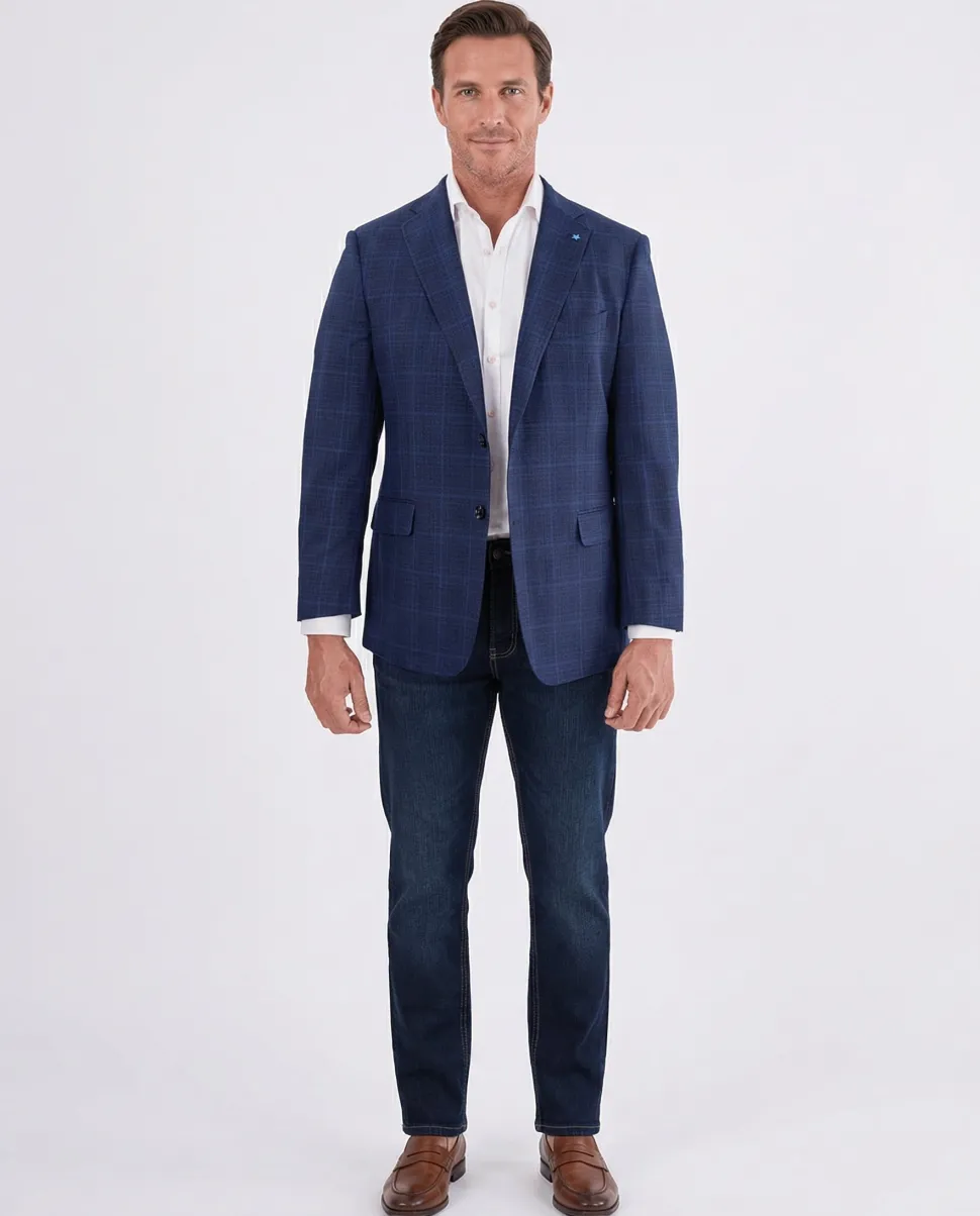 Blujacket Mens Blue Plaid Reda Wool Regular Fit 1/4 Lined Blazer Sportcoat
