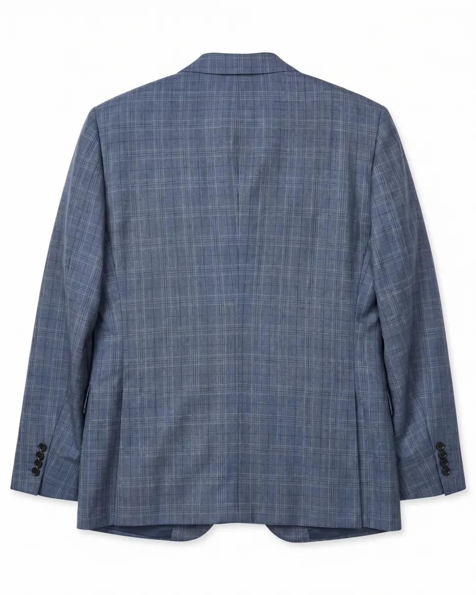 Blujacket Mens Blue Plaid Slim Fit Guabello Wool Silk 2 Button Suit