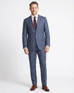 Blujacket Mens Blue Plaid Slim Fit Guabello Wool Silk 2 Button Suit