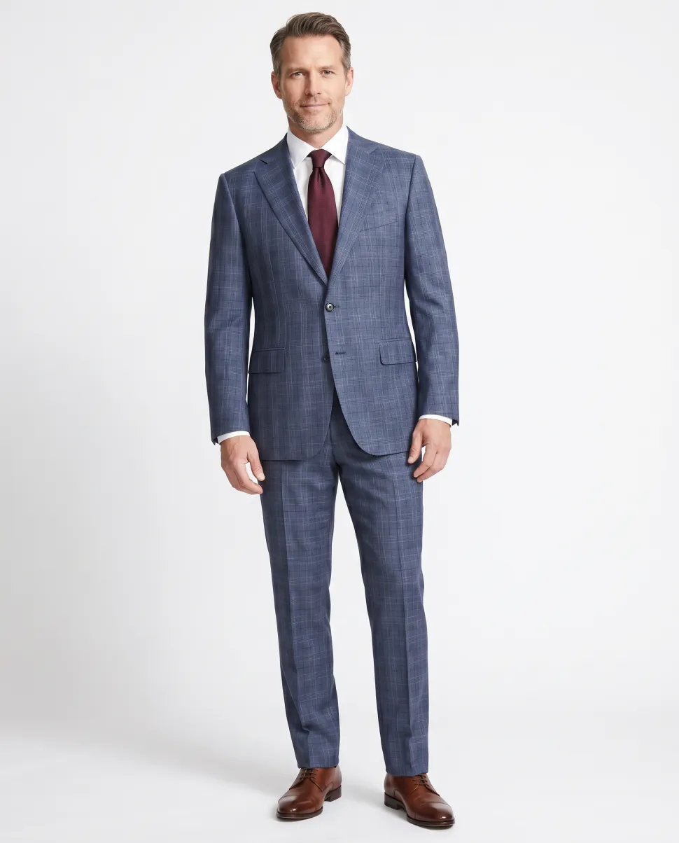 Blujacket Mens Blue Plaid Slim Fit Guabello Wool Silk 2 Button Suit
