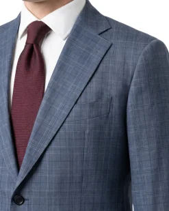 Blujacket Mens Blue Plaid Slim Fit Guabello Wool Silk 2 Button Suit