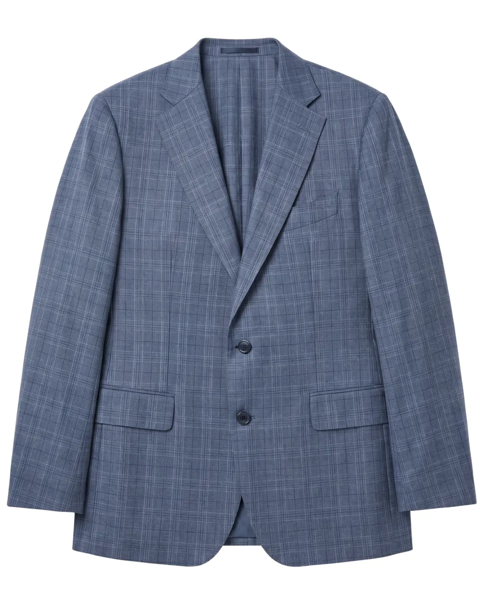 Blujacket Mens Blue Plaid Slim Fit Guabello Wool Silk 2 Button Suit