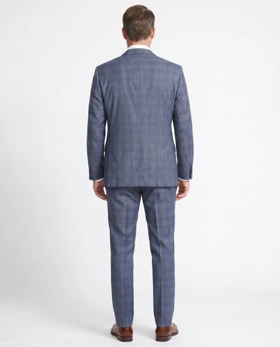 Blujacket Mens Blue Plaid Slim Fit Guabello Wool Silk 2 Button Suit