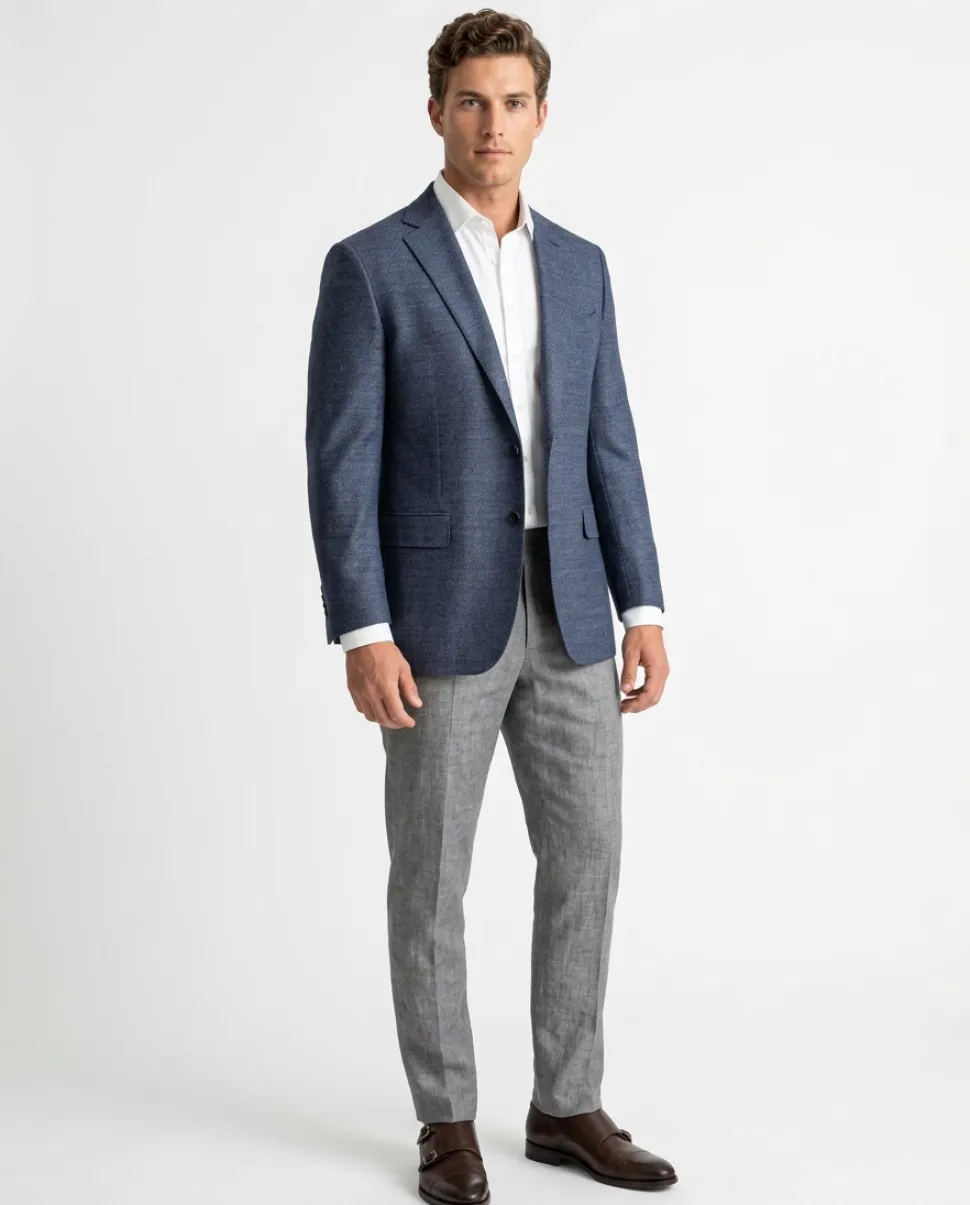 Blujacket Mens Blue Textured Classic Fit Reda Wool Blazer Sportcoat