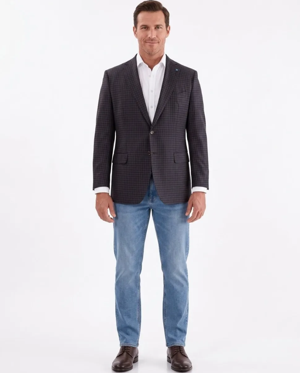 Blujacket Mens Brown & Blue Plaid Reda Wool Regular Fit Blazer Sportcoat