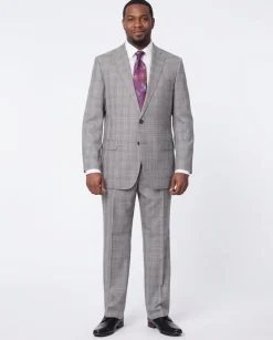 Blujacket Mens Gray Plaid Wool & Silk Blend Regular Fit Suit